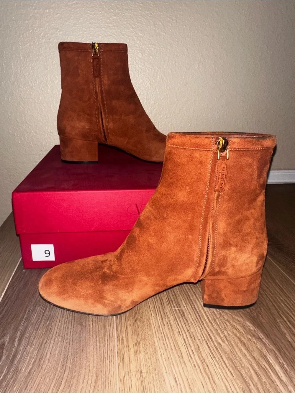 Valentino Rust Brown Suede Ankle Boots with Gold V Logo
